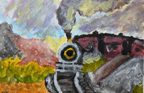 A steam engine thundering through an autumn landscape