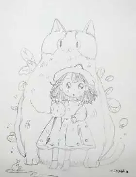 A small girl and a giant cat, in faint outline