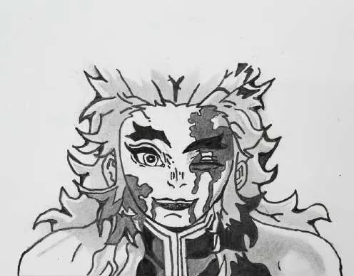 An anime face half scarred, in grey