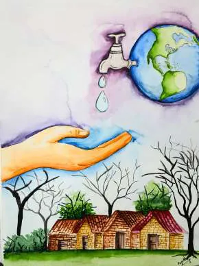 A hand catching a drop from a tap above the earth, over a village