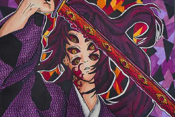 An anime figure with long dark hair and a red blade, in purples and reds