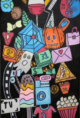 A tall stack of doodled objects: a clock, a pumpkin, a gift, popcorn and a television