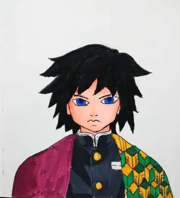 An anime boy with blue eyes in a checked robe
