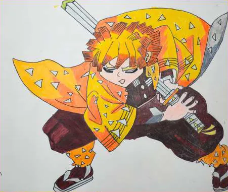 An anime swordsman crouching, in an orange and yellow robe