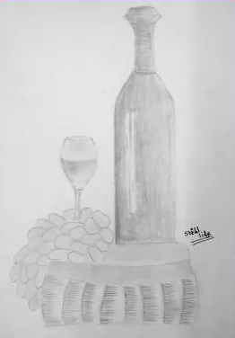A bottle, a wine glass and grapes on a basket, in grey