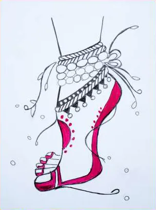 A foot in anklets and a red high-heeled sandal, in ink and red