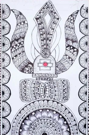 A tall Shiva lingam and trident in dense black pattern
