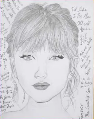 A young woman with a fringe, surrounded by handwritten song lyrics
