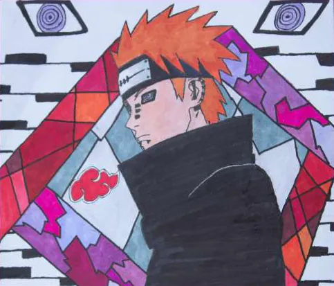 An anime figure with orange hair in a dark cloak, framed by geometric colour