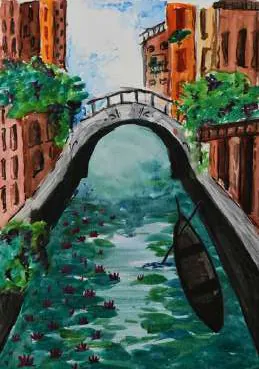 A canal with a small bridge and boat between red and green buildings