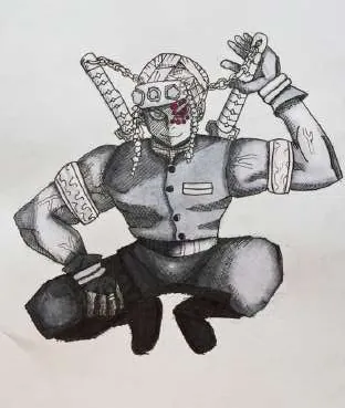 A masked fighter crouching, wrapped in chains