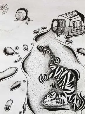 A tiger emerging from spilt ink, drawn in black dots and stripes