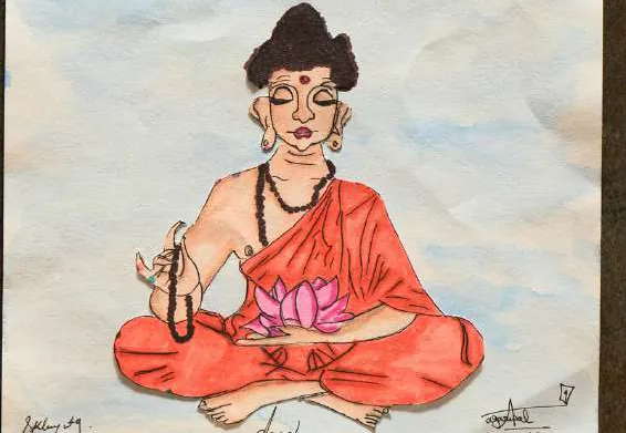 A seated figure in an orange robe holding a lotus, eyes closed