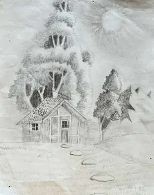 A cottage in a snowy wood, in grey