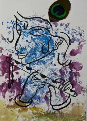 Krishna with his flute in black line over splashes of blue and purple