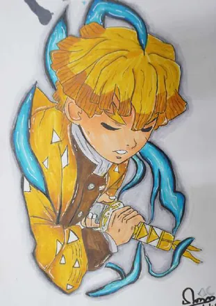 An anime swordsman in a yellow robe, wrapped in blue ribbons