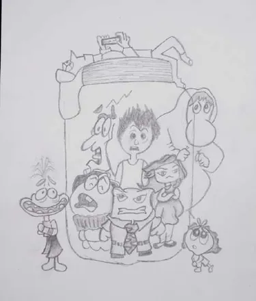 Cartoon children and creatures inside a large jar, in pencil