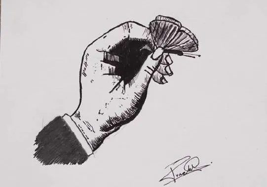 A hand holding a brush, painting a spot of black, in ink