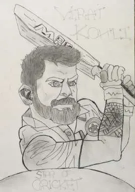 A cricketer with his bat raised, beneath the words "Virat Kohli"