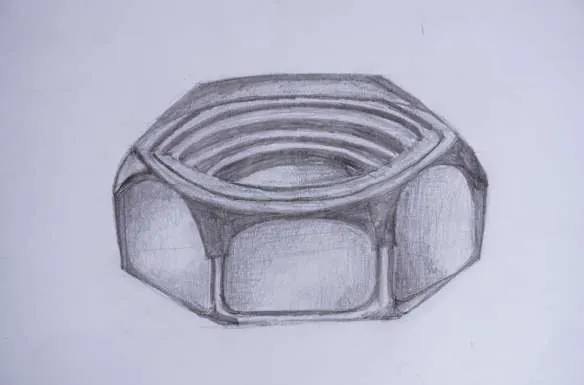 A hexagonal nut, shaded in grey