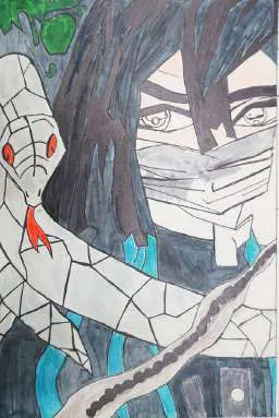 A masked figure with a red-eyed snake, in stained-glass panels