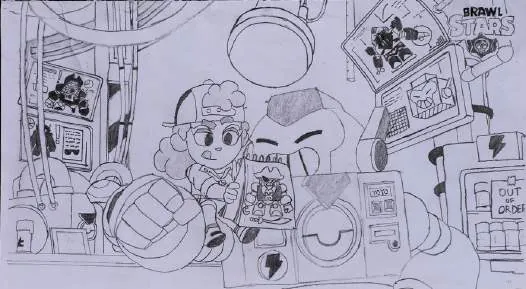 Two cartoon children among sports gear and posters, in pencil