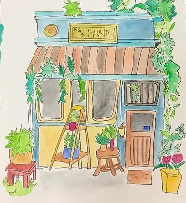 A shopfront with an awning, crowded with potted plants