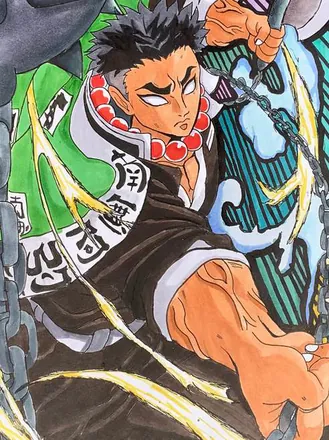 An anime fighter in green and black lunging forward