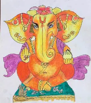 Lord Ganesha seated, in orange, pink and yellow