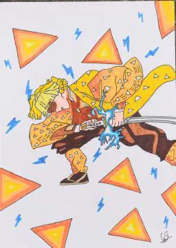 An anime swordsman in yellow striking among orange triangles