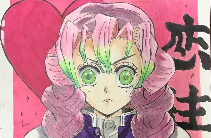 An anime girl with pink and green hair before a pink heart and Japanese characters