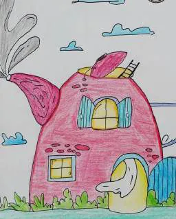 A teapot turned into a pink house with windows and a ladder