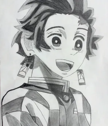 An anime boy with earrings, laughing, in grey