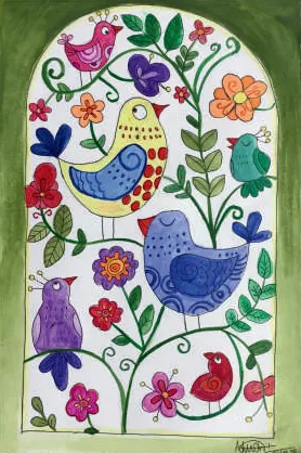 Birds and flowers in bright folk patterns inside an arch