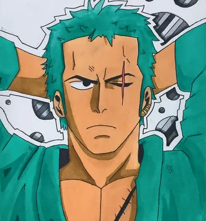 An anime swordsman with green hair and a scar, in green and orange