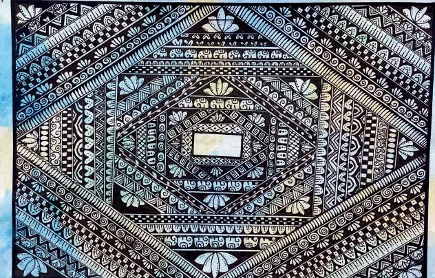 A diamond of dense black-and-white patterns