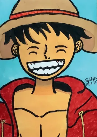 A grinning anime boy in a straw hat and red jacket