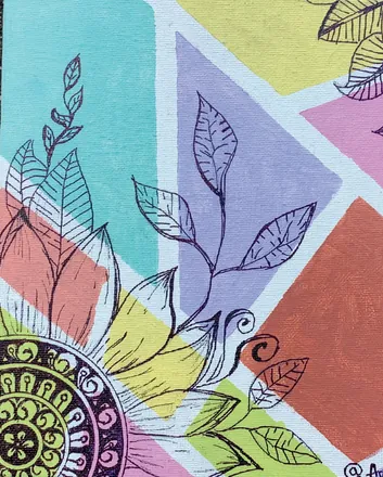Leaves and a patterned flower over blocks of pastel colour