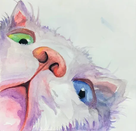 A white cat's face close up, one eye green and one blue, in watercolour