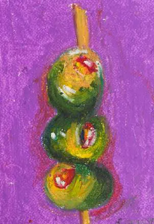 Three green fruits on a skewer on a purple ground