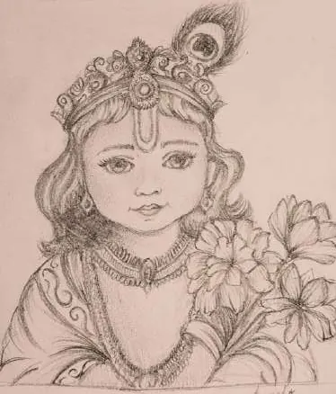 The child Krishna with a peacock feather, in pencil on pink paper