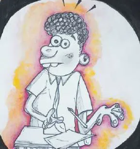 A cartoon boy with curly hair and a pencil behind each ear, in a white shirt