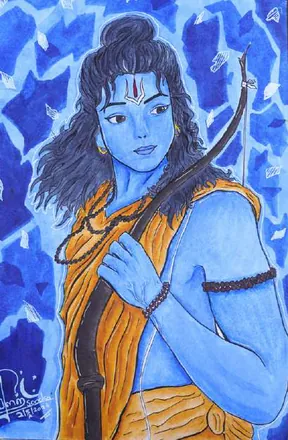 Lord Rama in blue with his bow, against blue shapes
