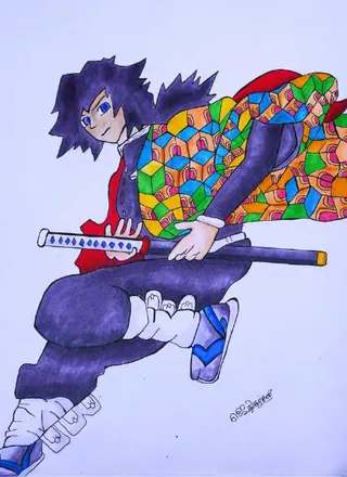 An anime swordsman in a patchwork robe, leaping