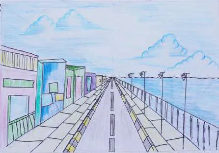 A road running to the horizon beside the sea, in coloured pencil