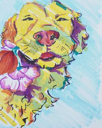 A dog's face surrounded by flowers, in bright felt-tip strokes