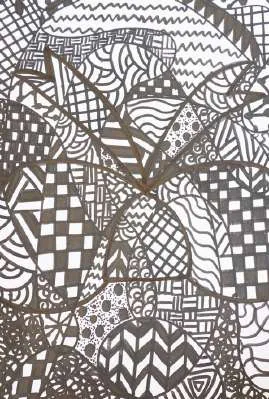A shape filled with zentangle patterns in black and white