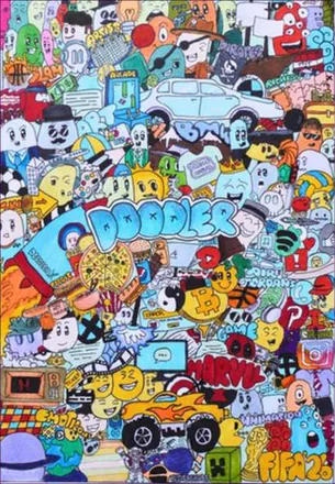 A crowded page of colourful doodle characters, cars and logos around the word Doodler