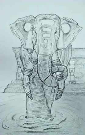 An elephant walking out of shallow water before a stone temple, in pencil