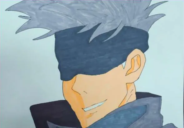A figure with spiky grey hair and a dark blindfold, smiling, drawn in marker
